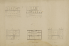 216563 Opstanden van drie verschillende voorgevels, een achtergevel en een doorsnede van het ontwerp nr. 2 voor de ...